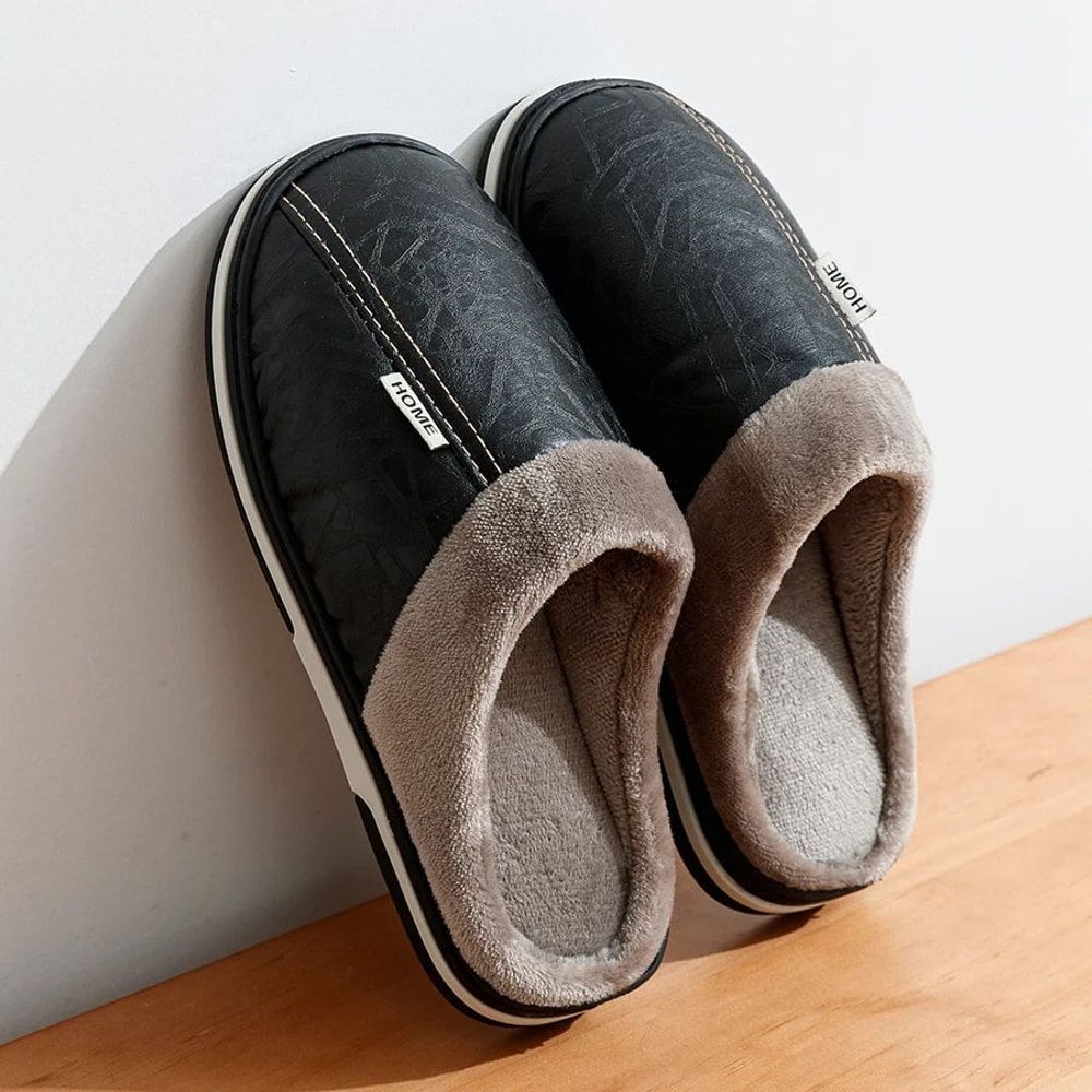 Mens Winter PU Leather Fur Lined Home Slippers 2
