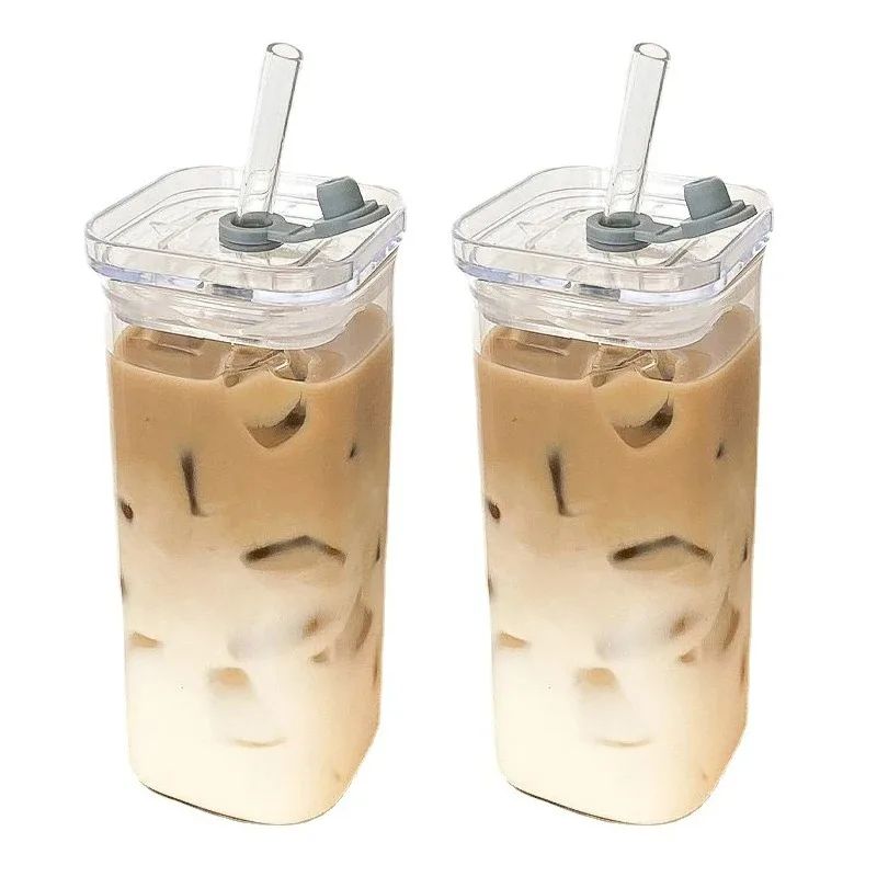 Square HeatResistant Glass Cup With Lid And Straw 0