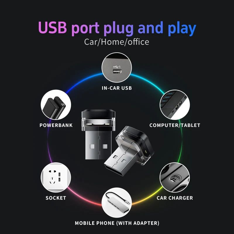 Car USB LED Interior Mood Light Plug And Play 5