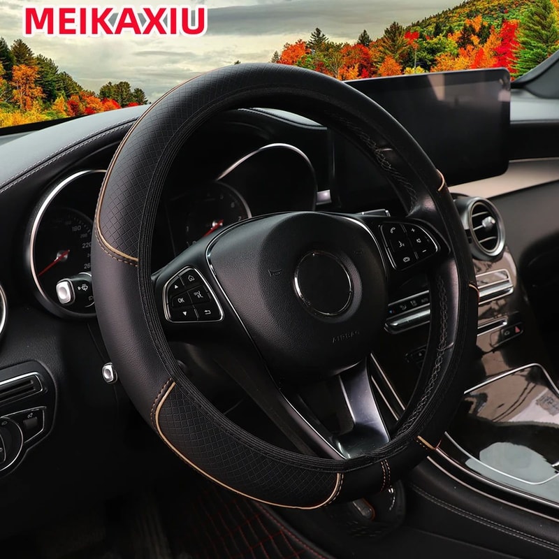 PU Check Pattern Embossed Leather Steering Wheel Cover 3738 Cm 11