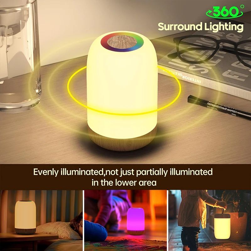 LED Touch RGB Dimmable Wood Grain Rechargeable Night Lamp 2