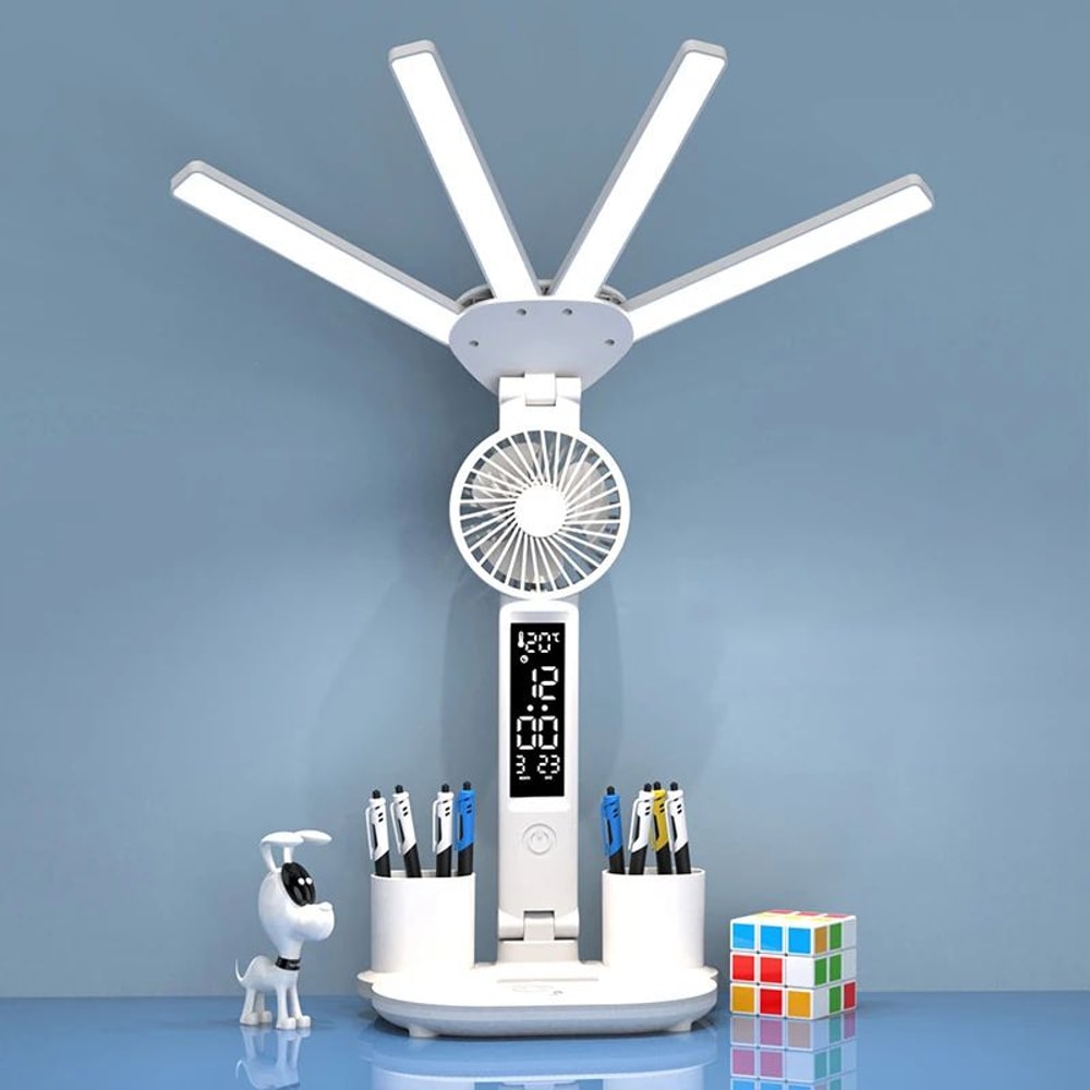 Rechargeable LED Desk Lamp With Fan And Clock Display 0