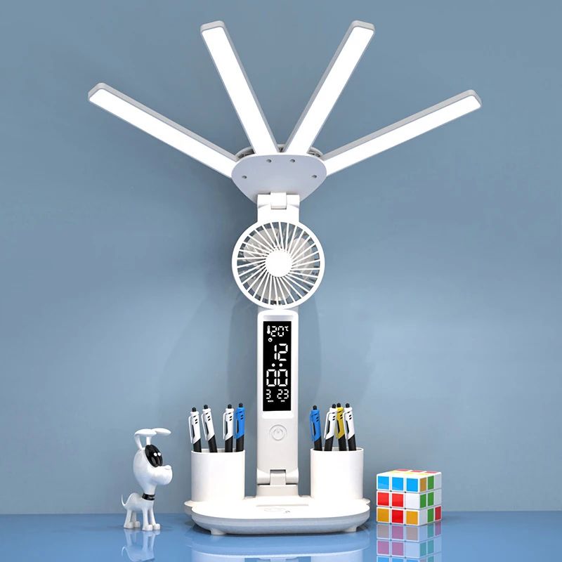 Rechargeable LED Desk Lamp With Fan And Clock Display 0