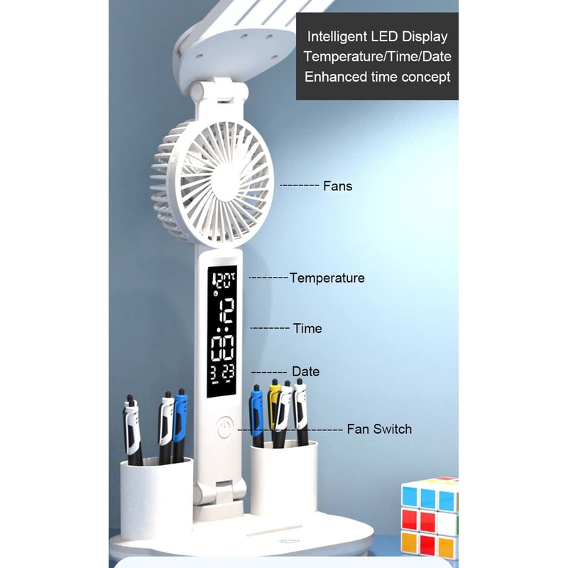Rechargeable LED Desk Lamp With Fan And Clock Display 7
