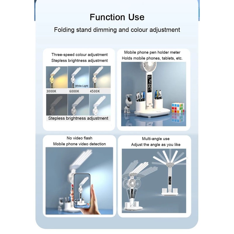 Rechargeable LED Desk Lamp With Fan And Clock Display 8