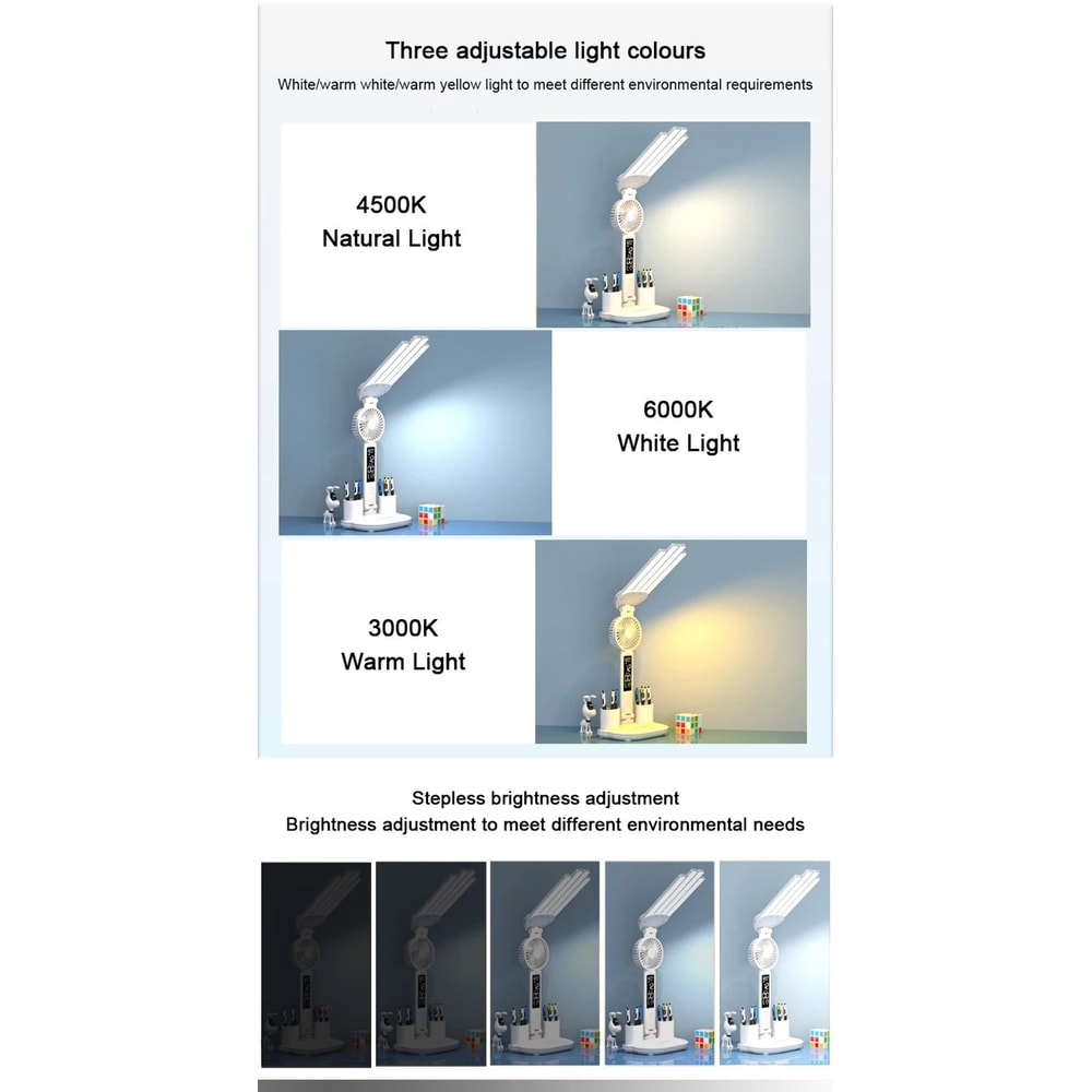 Rechargeable LED Desk Lamp With Fan And Clock Display 9