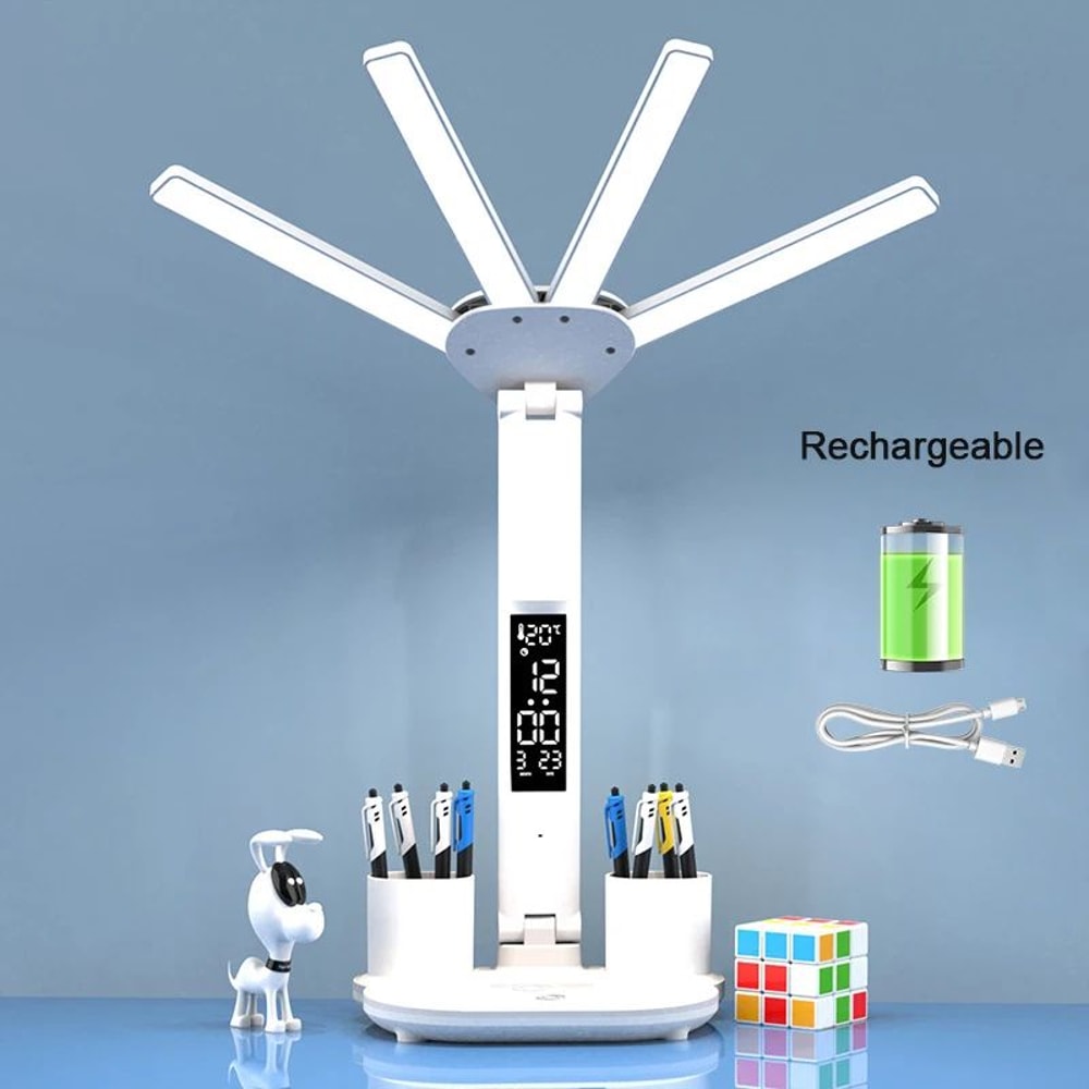 Rechargeable LED Desk Lamp With Fan And Clock Display 15