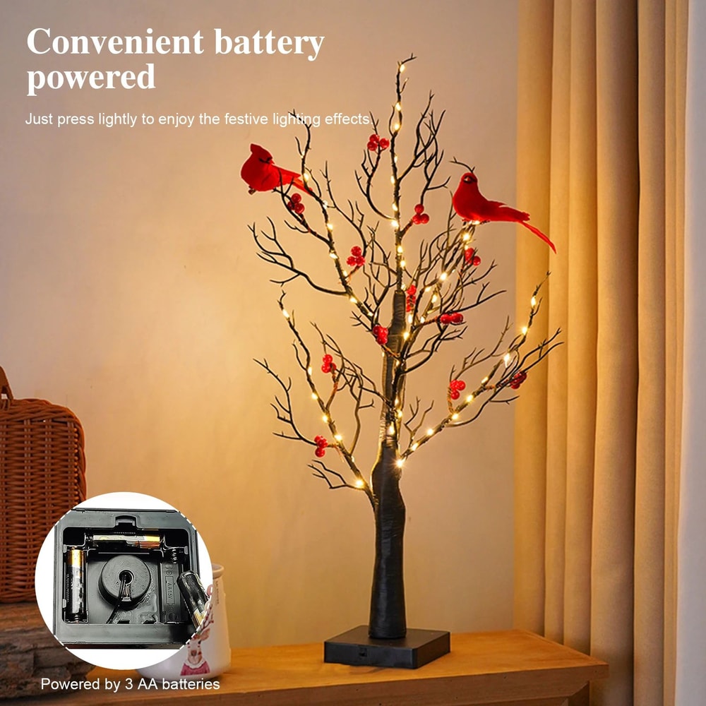 LED Vintage Glowing Tree With Cardinals And Red Berries 0