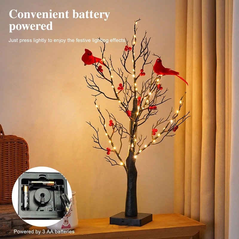 LED Vintage Glowing Tree With Cardinals And Red Berries 0