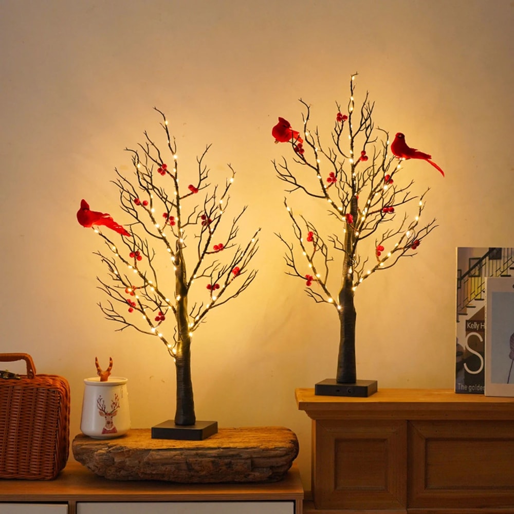 LED Vintage Glowing Tree With Cardinals And Red Berries 1