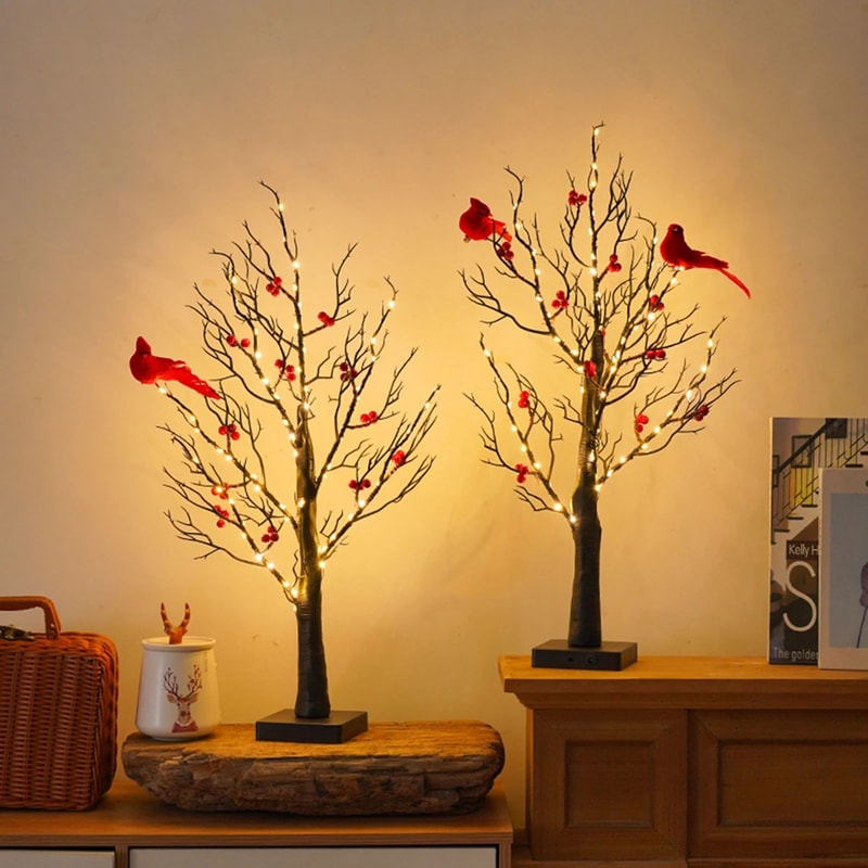 LED Vintage Glowing Tree With Cardinals And Red Berries 1