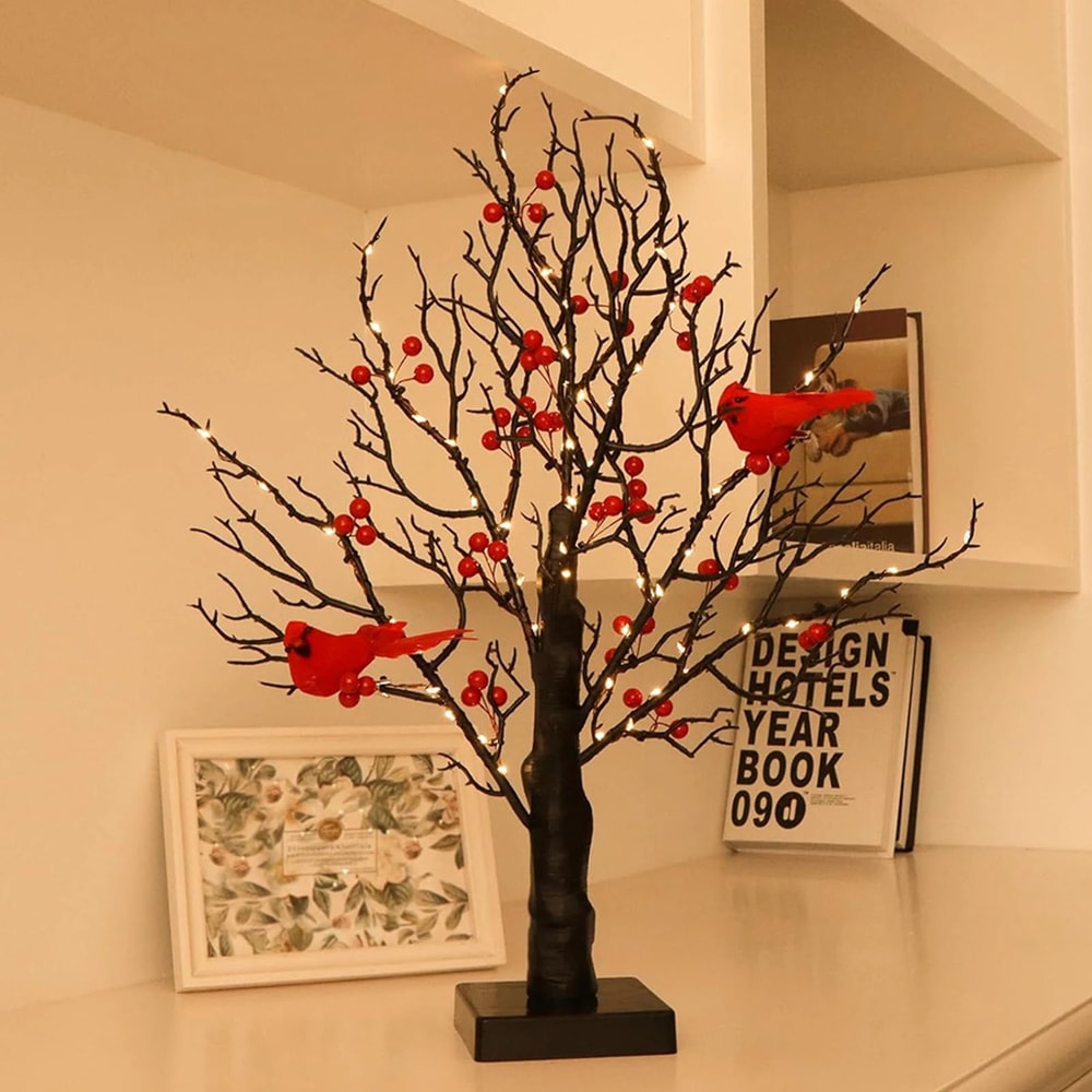 LED Vintage Glowing Tree With Cardinals And Red Berries 2