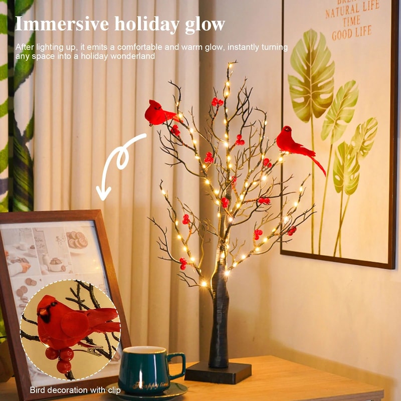 LED Vintage Glowing Tree With Cardinals And Red Berries 3