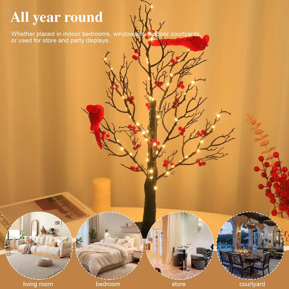 LED Vintage Glowing Tree With Cardinals And Red Berries 4