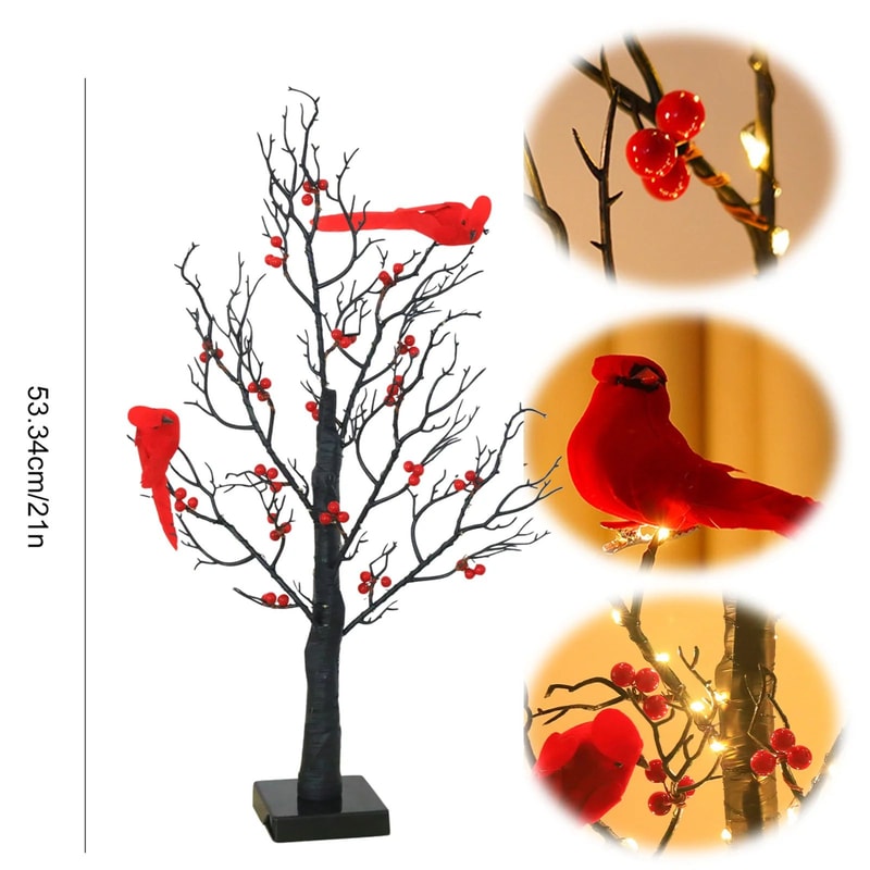 LED Vintage Glowing Tree With Cardinals And Red Berries 5