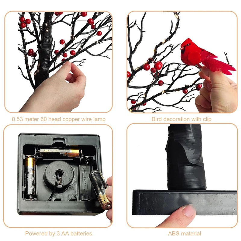 LED Vintage Glowing Tree With Cardinals And Red Berries 6