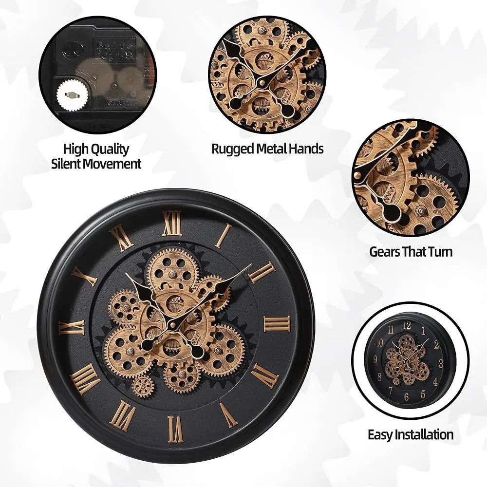 Industrial Moving Gear Wall Clock 16 Inch Battery Operated 2