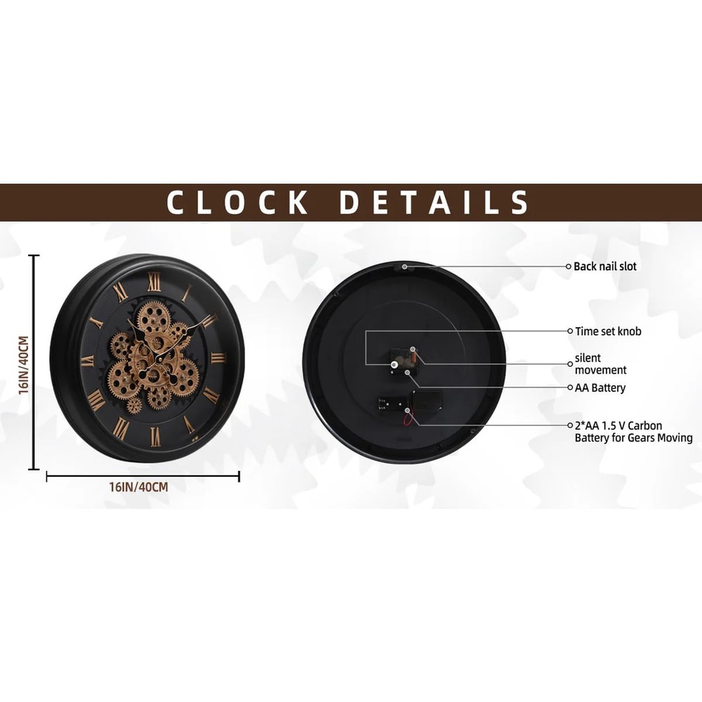 Industrial Moving Gear Wall Clock 16 Inch Battery Operated 8