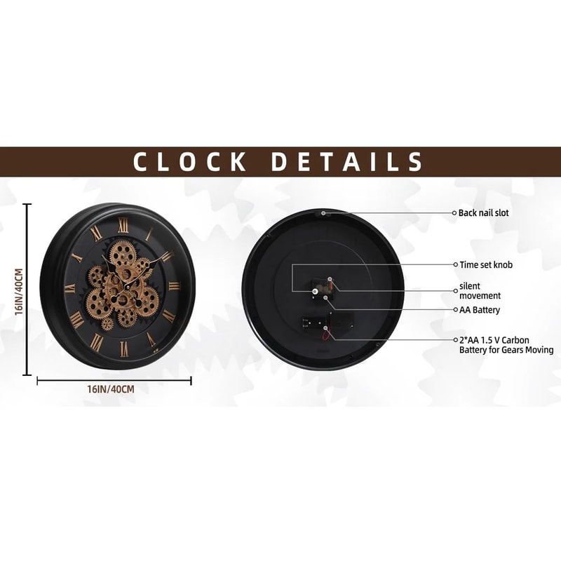 Industrial Moving Gear Wall Clock 16 Inch Battery Operated 8