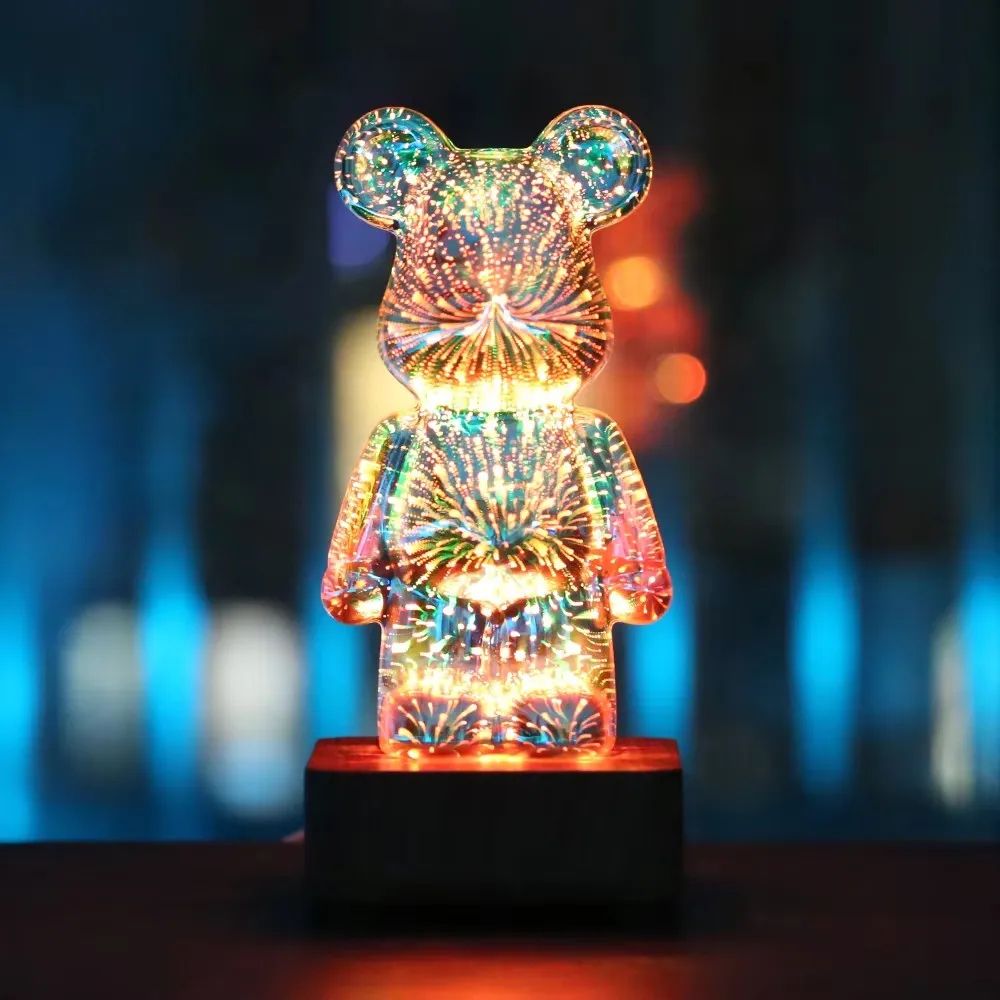 LED Fireworks 3D Bear Night Light USB Dimmable Lamp 3