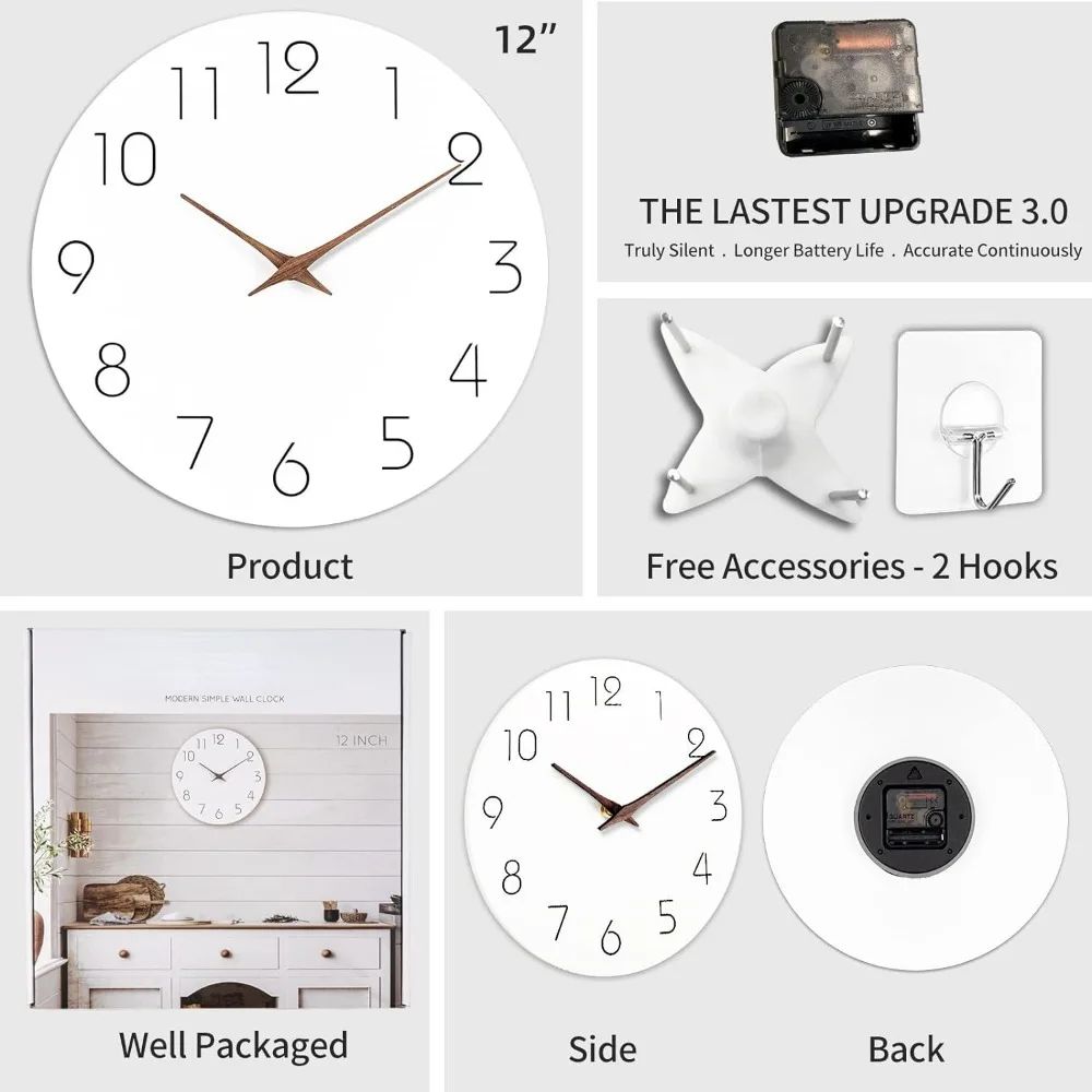 12 Inch Silent Wooden Minimalist Wall Clock 2