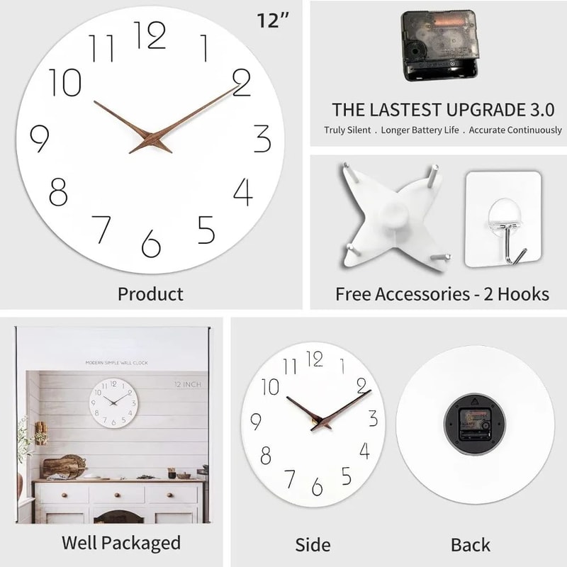 12 Inch Silent Wooden Minimalist Wall Clock 2