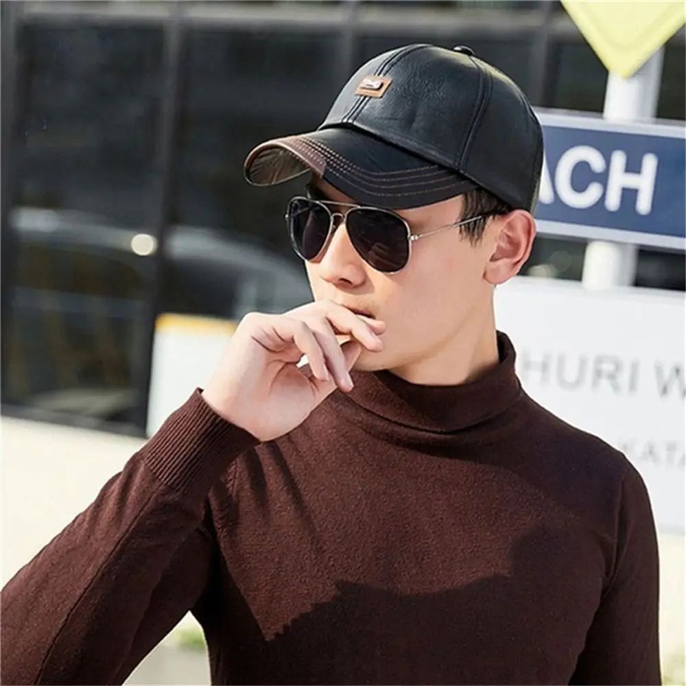 Men Leather Adjustable Winter Baseball Cap 7