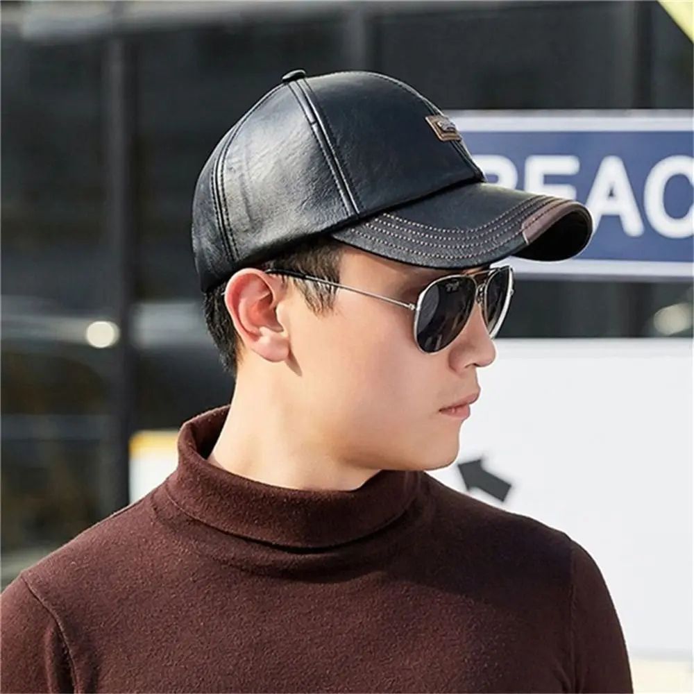Men Leather Adjustable Winter Baseball Cap 8