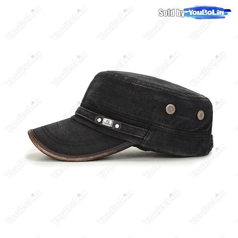 Distressed Washed Cotton Cadet Flat Cap With Leather Binding 3