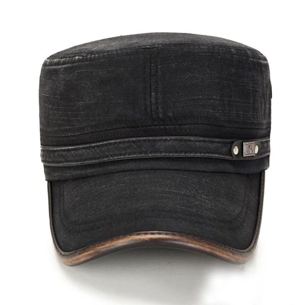 Distressed Washed Cotton Cadet Flat Cap With Leather Binding 5