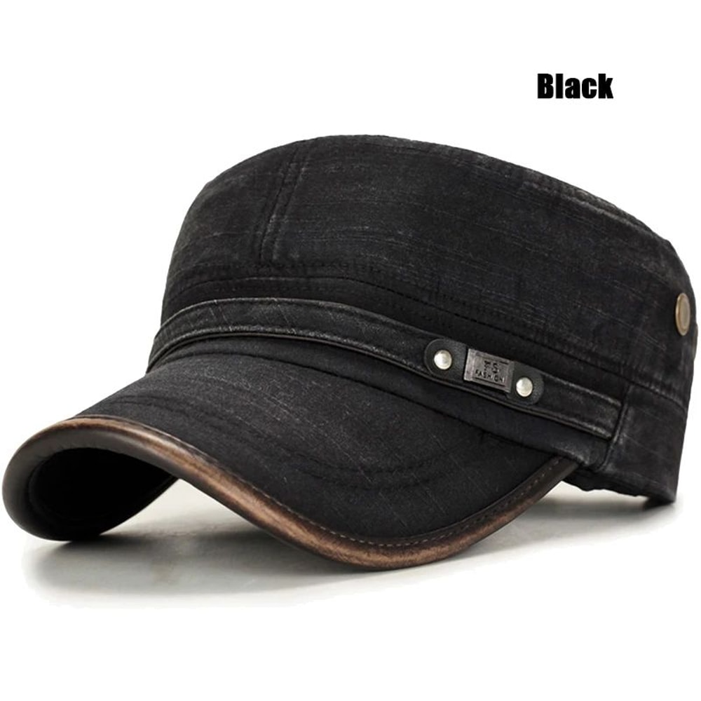 Distressed Washed Cotton Cadet Flat Cap With Leather Binding 7