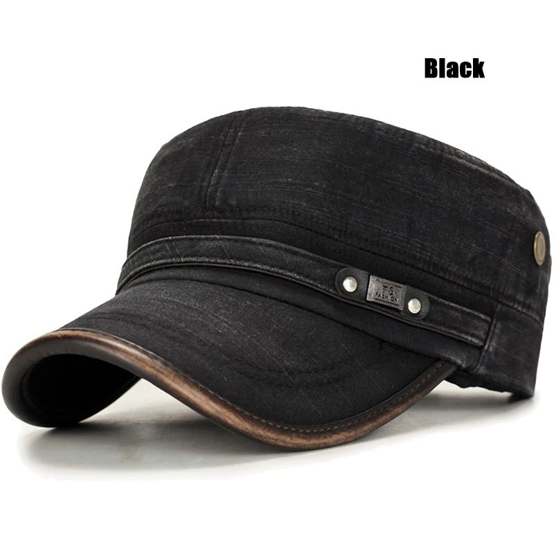 Distressed Washed Cotton Cadet Flat Cap With Leather Binding 7