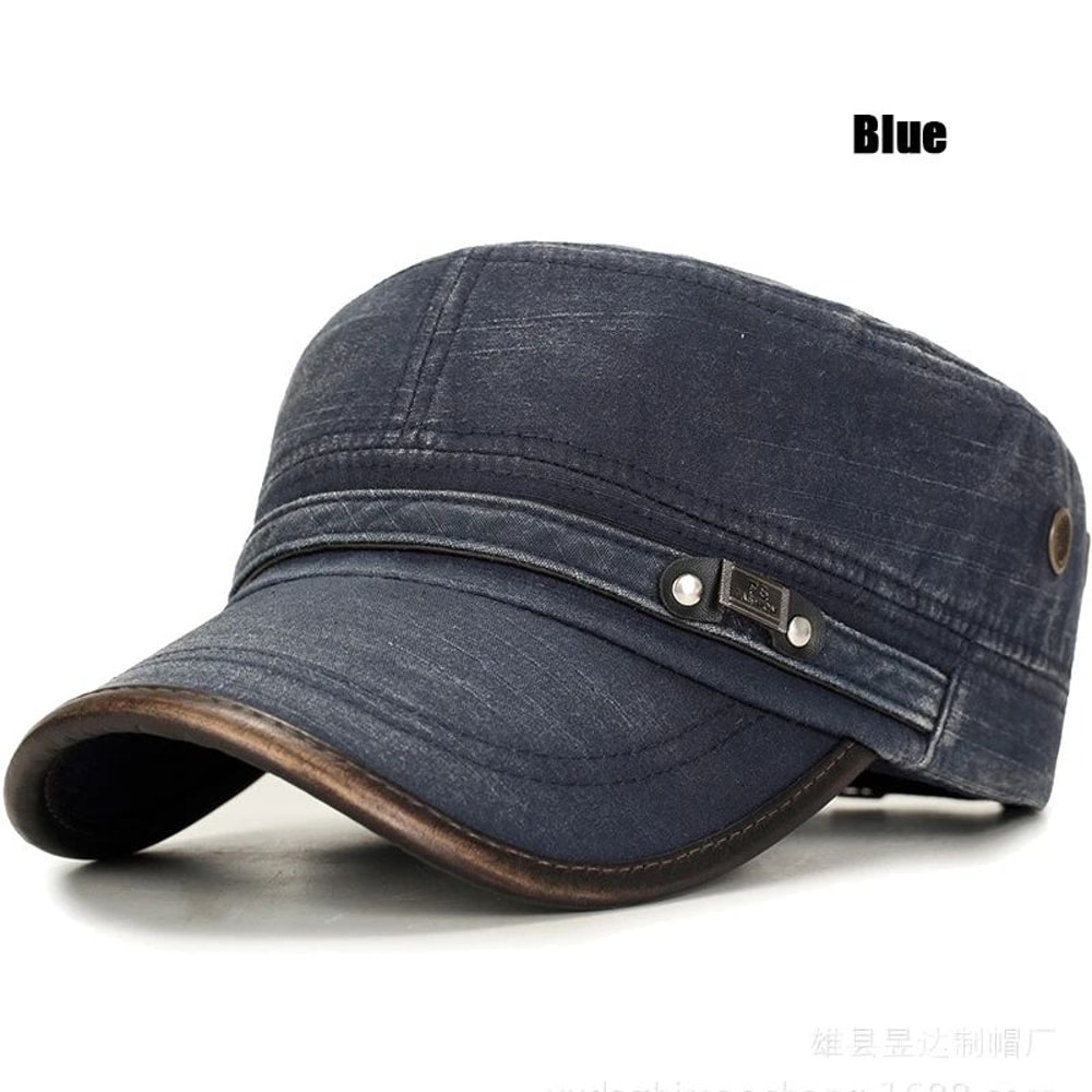 Distressed Washed Cotton Cadet Flat Cap With Leather Binding 6