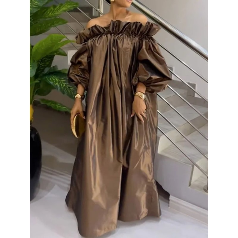 Womens Off Shoulder Puff Sleeve Loose Maxi Summer Dress 0