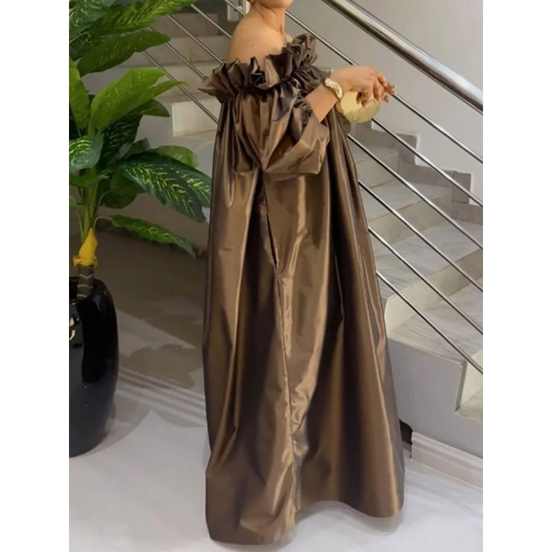 Womens Off Shoulder Puff Sleeve Loose Maxi Summer Dress 1