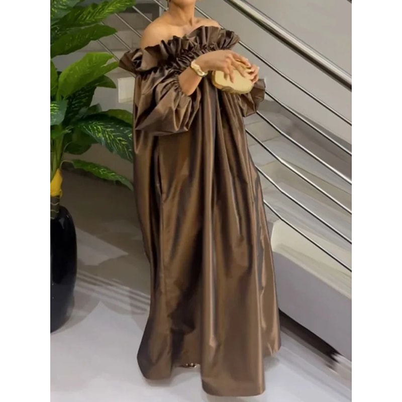 Womens Off Shoulder Puff Sleeve Loose Maxi Summer Dress 2