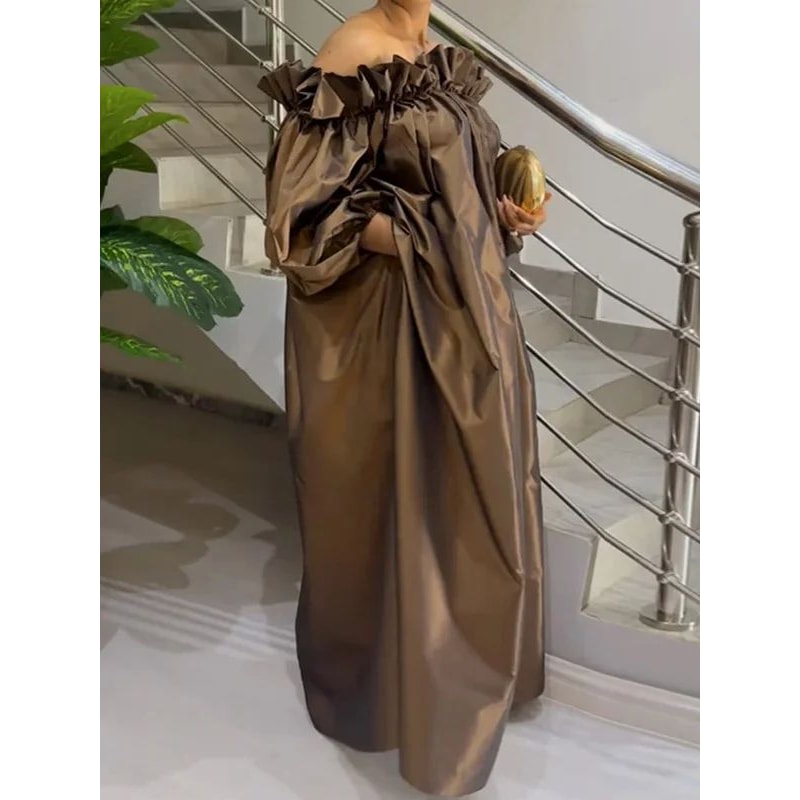 Womens Off Shoulder Puff Sleeve Loose Maxi Summer Dress 3