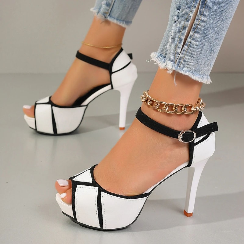 Womens Colorblock Peep Toe Platform High Heel Sandals 0