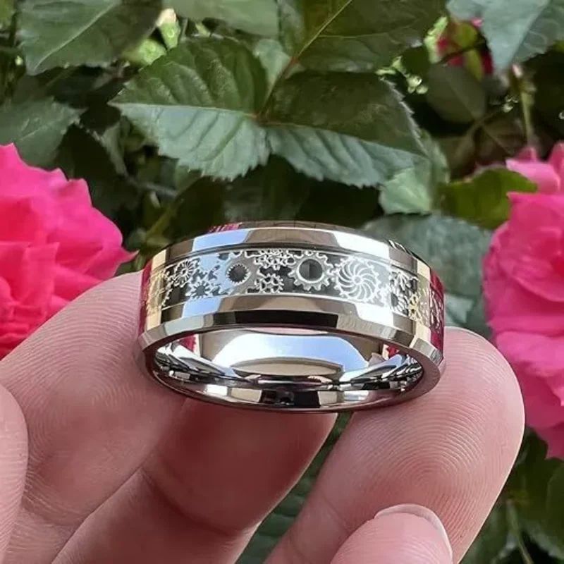 Mens Steampunk Gear Wheel Stainless Steel Carbon Fiber Ring 2