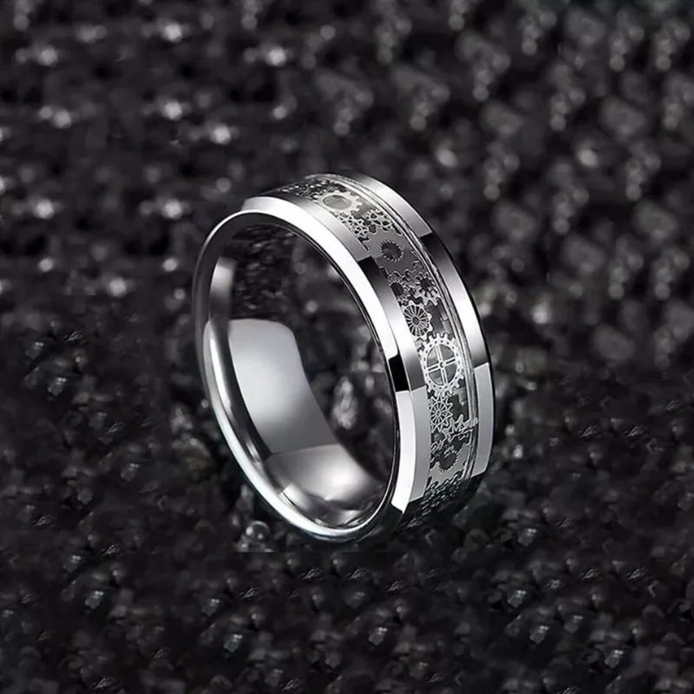 Mens Steampunk Gear Wheel Stainless Steel Carbon Fiber Ring 5