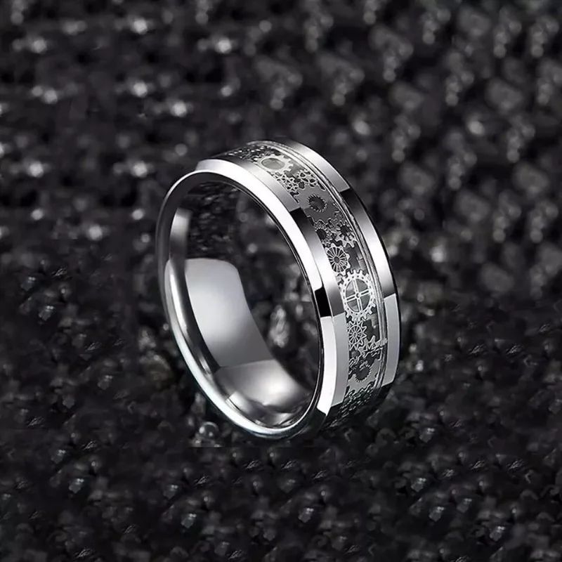 Mens Steampunk Gear Wheel Stainless Steel Carbon Fiber Ring 5