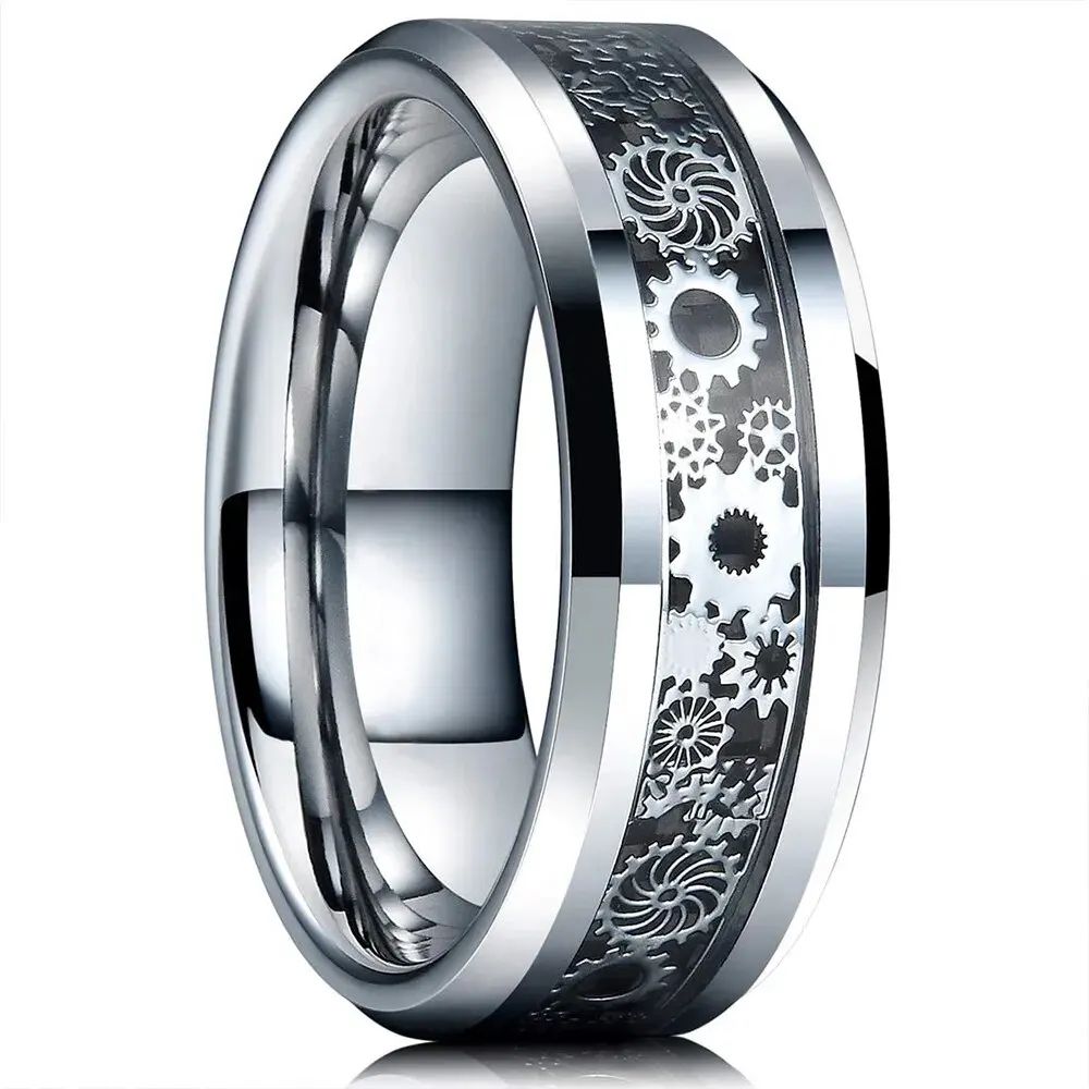 Mens Steampunk Gear Wheel Stainless Steel Carbon Fiber Ring 11