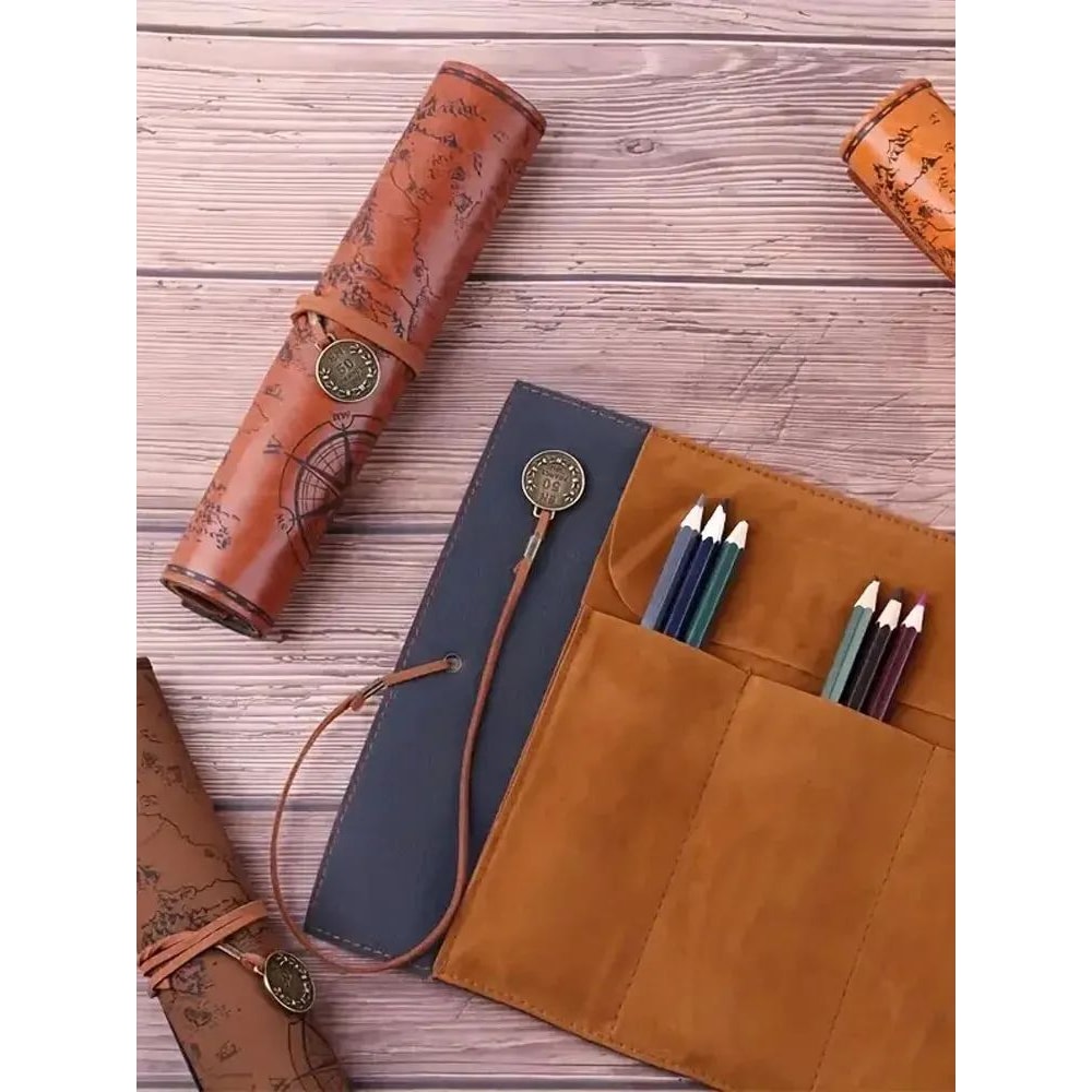 Retro Leather Roll Pencil Case Large Capacity Organizer 2