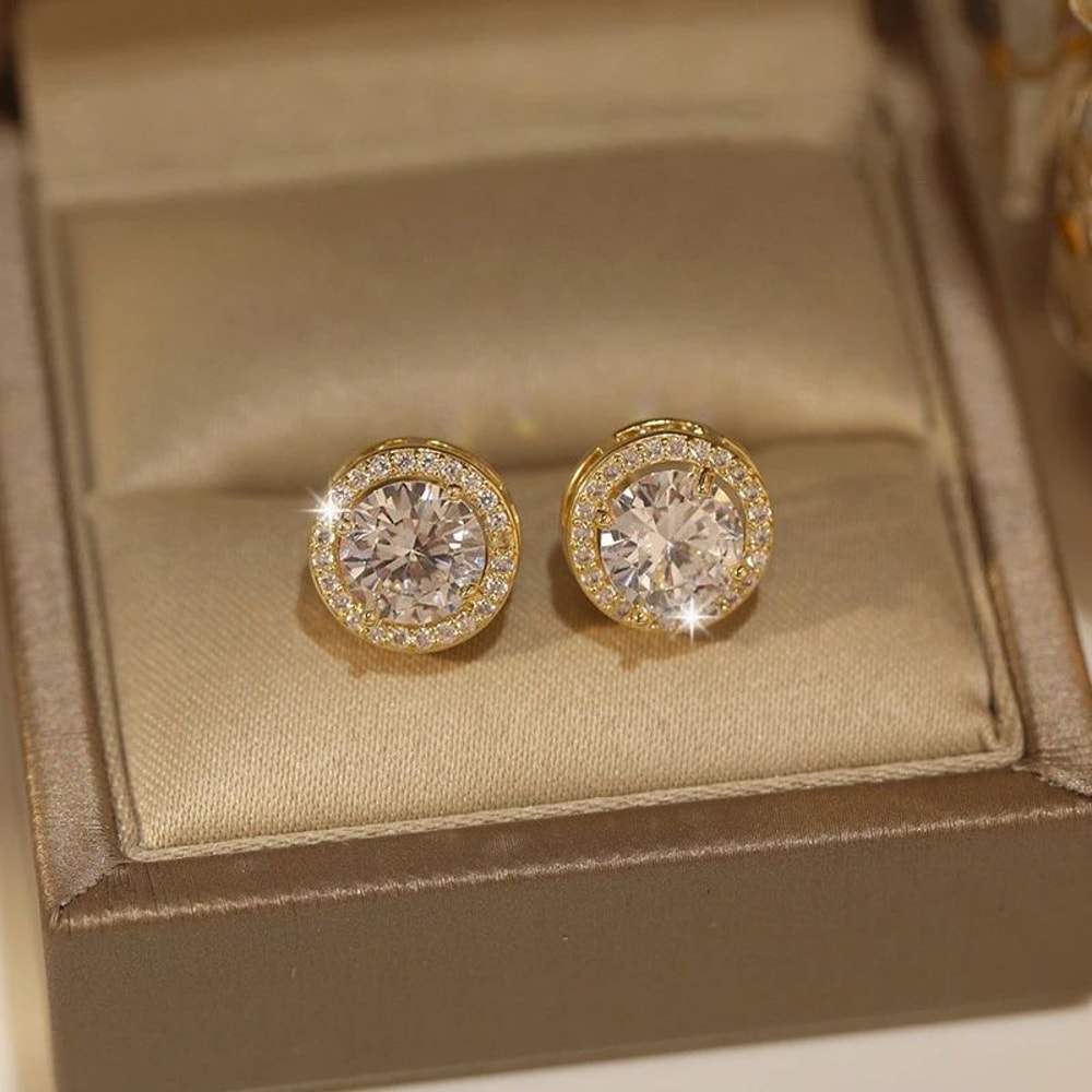 White Zircon Crystal Stud Earrings Gold Color Vintage Style 0