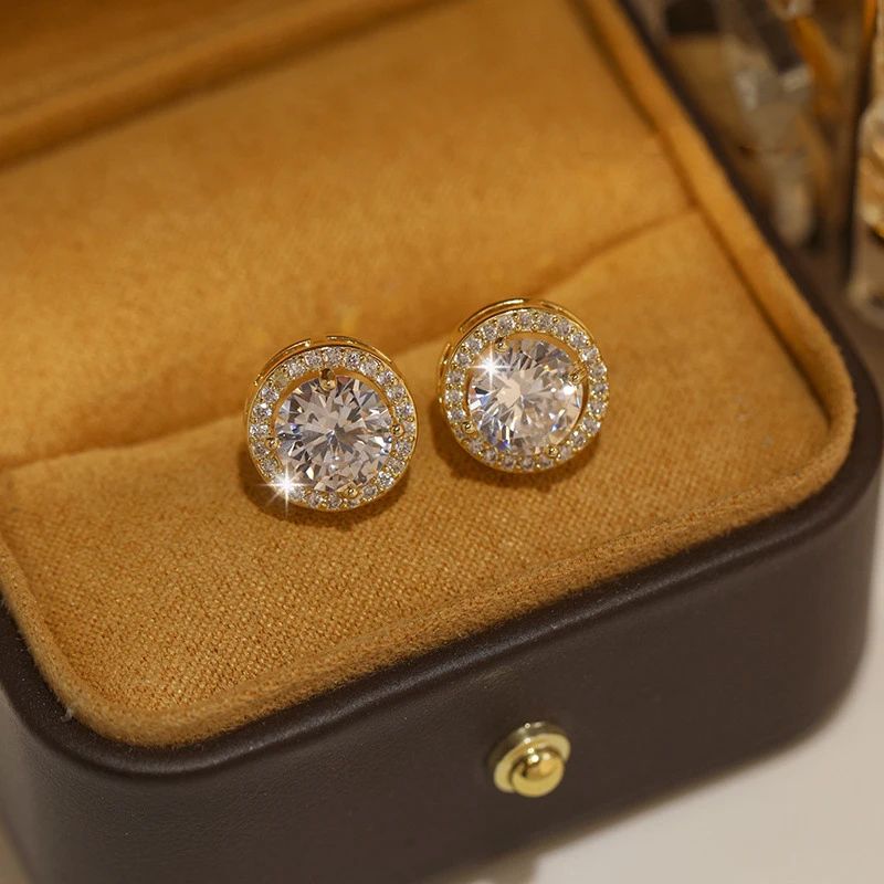 White Zircon Crystal Stud Earrings Gold Color Vintage Style 1