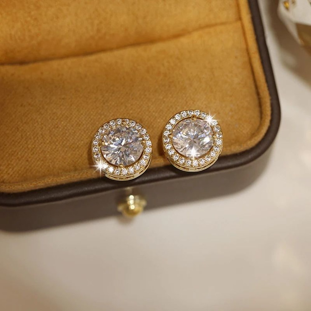 White Zircon Crystal Stud Earrings Gold Color Vintage Style 2