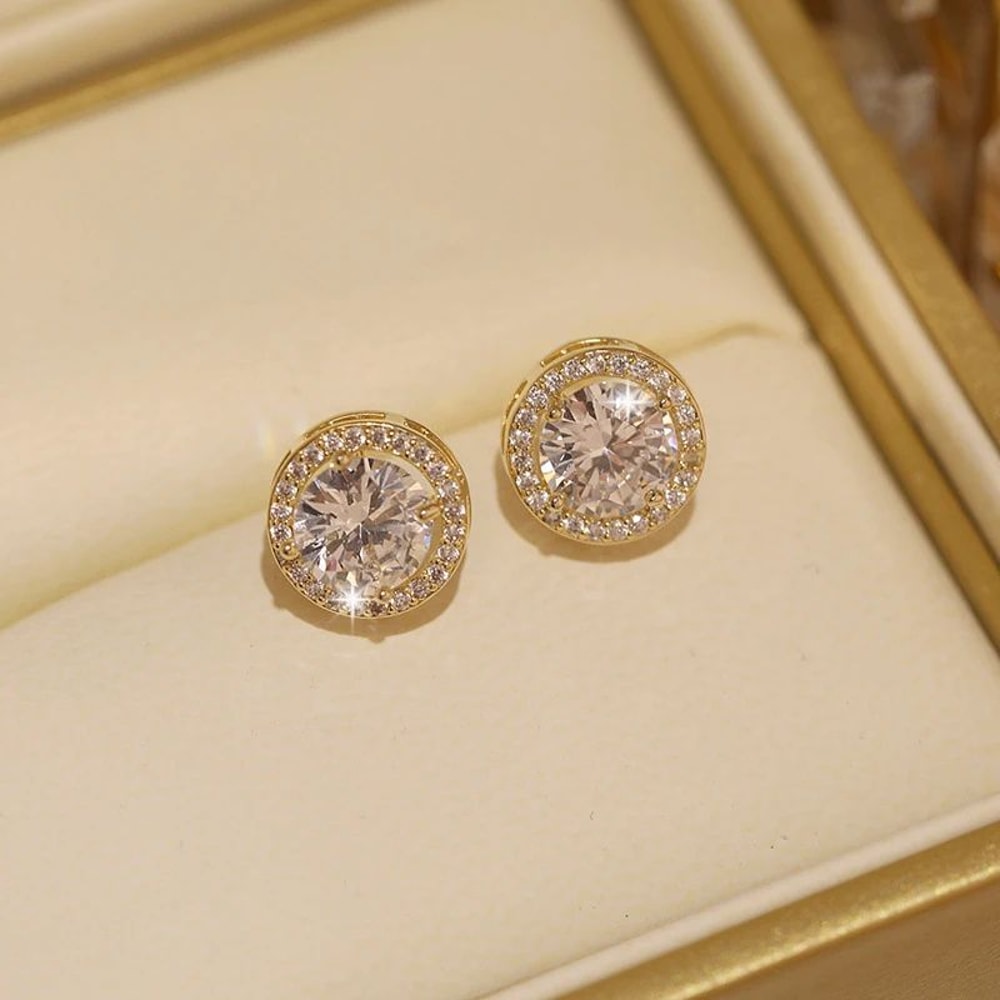 White Zircon Crystal Stud Earrings Gold Color Vintage Style 5