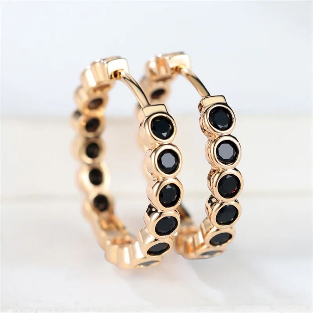 Black Round Hoop Earrings With Zircon Gold Color 6