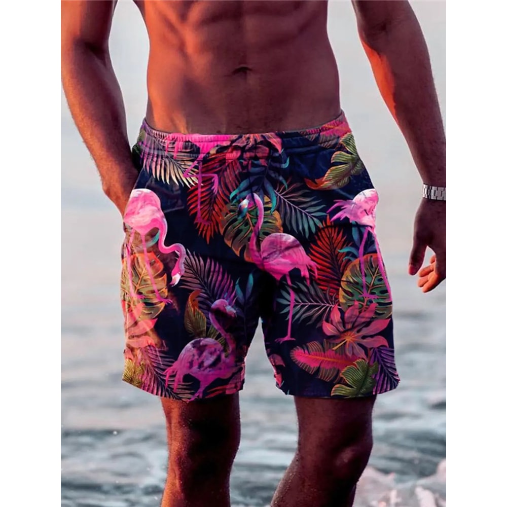 Mens Quick Dry Hawaiian Swim Shorts With Flamingo Print 0