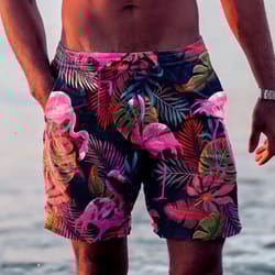 mens quick dry hawaiian swim shorts with flamingo print